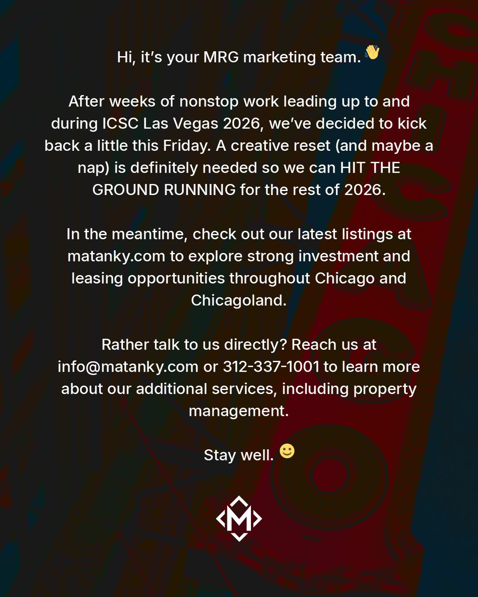 MatankyRealty's tweet photo. A little reset from the MRG marketing team this Friday. After the nonstop work leading up to and during ICSC Las Vegas, we’re recharging and getting ready to LOCK IN for the rest of 2026.

Meanwhile, check out our latest listings at https://t.co/R5AzWXFA5v.

#CRE #WeekendReset https://t.co/XZ8EPXG9ML