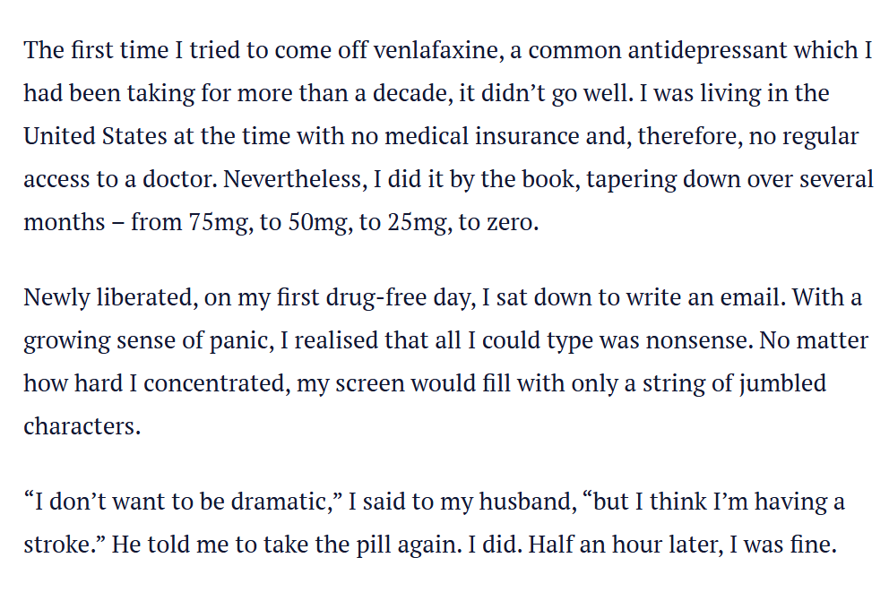 DuthieAlyne's tweet photo. https://t.co/HkxhWvsEun
The author of this article describes antidepressant withdrawal as "a trapdoor opening to plunge me into a bottomless pit of despair" - a situation that many patients have to endure for month after month with no end in sight. No wonder some don't make it. https://t.co/NfJTrmoLvF