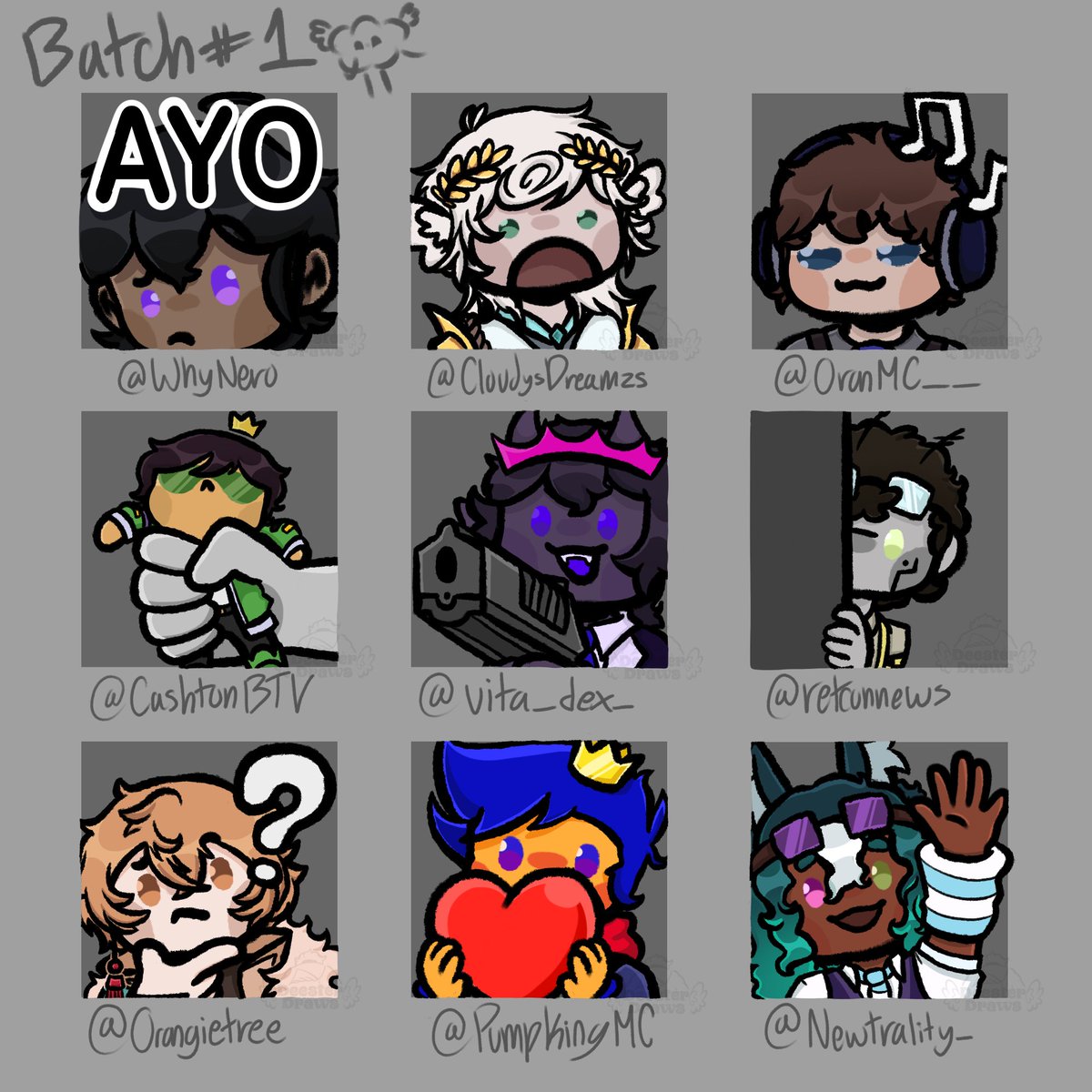 deester_draws_'s tweet photo. Batch #1 of Surprise Emotes Complete!!! 
@whynero_ 
@CloudysDreamzs 
@OranMC__ 
@CashtonBTV 
@vita_dex_ 
@retconnews 
@orangietree 
@PumpkingMC 
@Newtrality_ 
Her yall go lovliess! Ill be either Dming you the PNG versions via Discord or Twt <33

(Batch 2 soon to be in the works) https://t.co/Nk8QrBEoGy