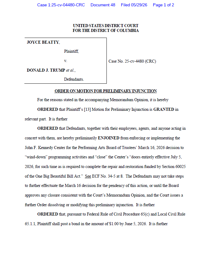 ScottThuman's tweet photo. 🚨BREAKING:  Judge rules Trump's name can NOT be added to the Kennedy Center -- or -- shut down on  July 5th of this year for renovations as the Center's board decided, since Congress must approve such motions. 

More to come on @7NewsDC https://t.co/urt0fBafGb