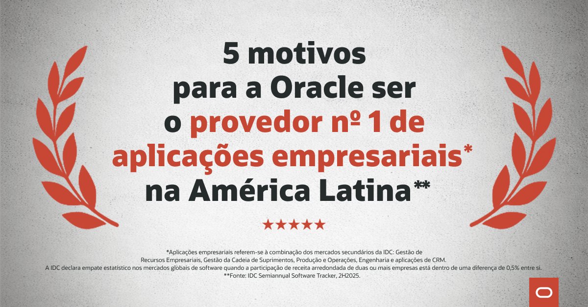 HGiovanaz's tweet photo. Portfólio amplo, integração ponta a ponta, dados consistentes, inovação contínua e segurança para o core do negócio. 

Descubra por que a Oracle lidera o mercado de aplicações empresariais na América Latina: https://t.co/vDj3KgoMIX https://t.co/SglYYvhTob