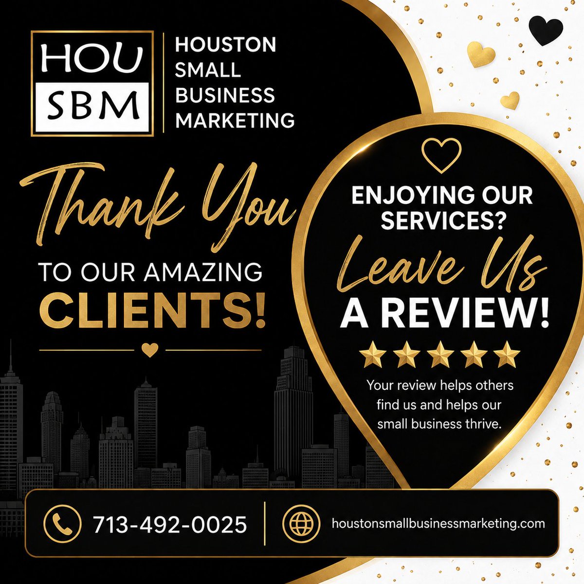 housbm's tweet photo. We greatly value our clients and welcome your feedback. Please take a moment to leave us a review on our website. Your support means the world to us.

Please leave us a review here - https://t.co/jMceQF3slf

#SmallBusinessMarketing #ClientAppreciation https://t.co/uy99RhtLSd