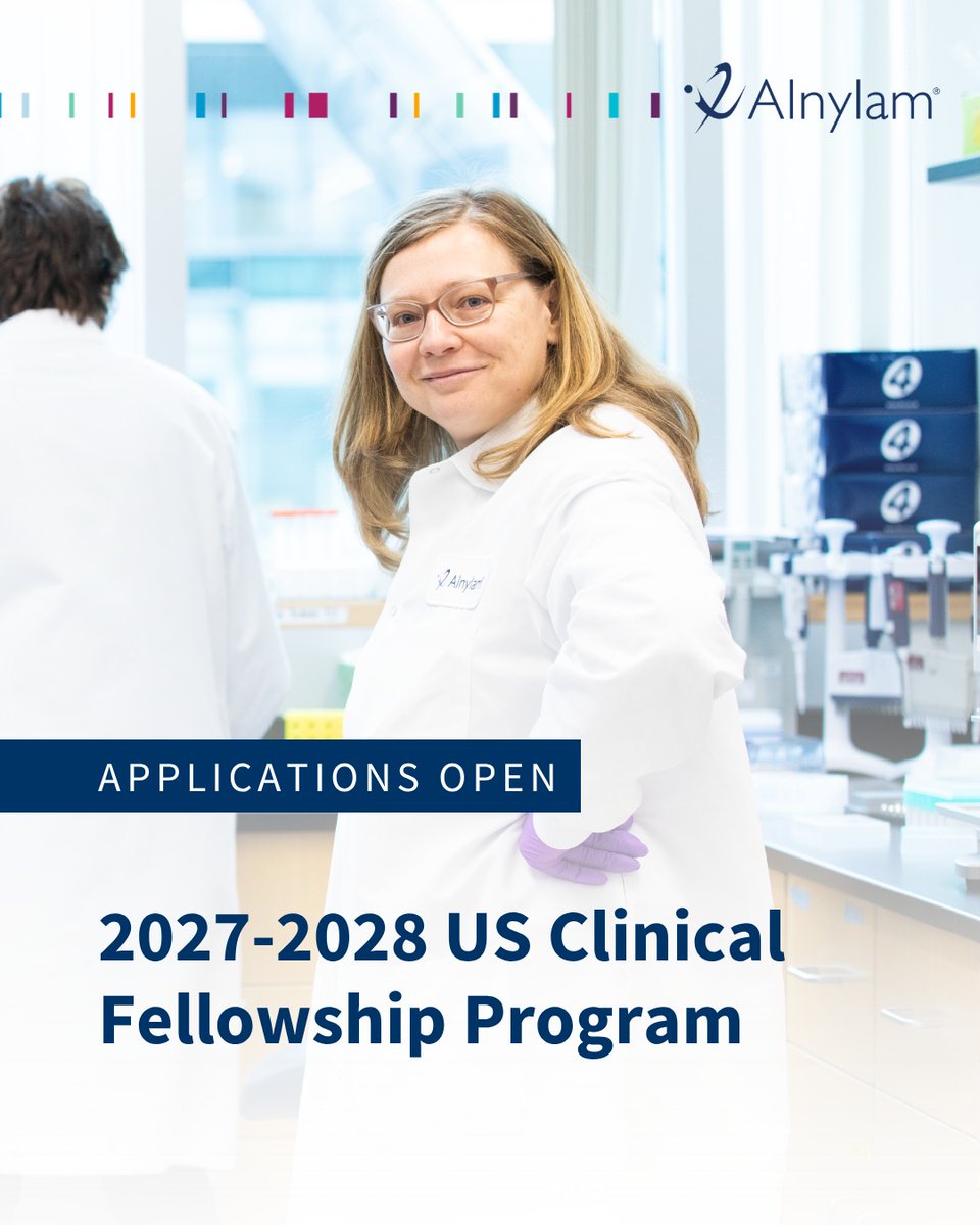 Alnylam's tweet photo. Applications are open for our US Clinical Fellowship Program for Academic Year 2027-2028.
 
Eligible ACGME-accredited institutions can apply for funding to advance physician training in the diagnosis, treatment, and research of ATTR.

Application window: June 1 - August 28, 2026