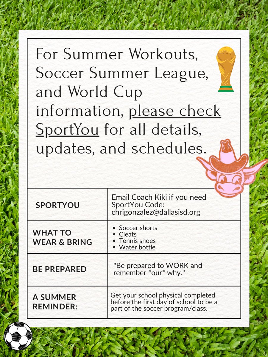 WTWGirlsSoccer's tweet photo. Soccer summer is here! ⚽️☀️🌎

Make sure you join our SportsYou to stay updated with our live calendar!

All summer workouts, summer league games, and World Cup matches will be posted on SportsYou.

If you have any questions, please email Coach Kiki at chrigonzalez@dallasisd.org https://t.co/itbLxP0vJ8