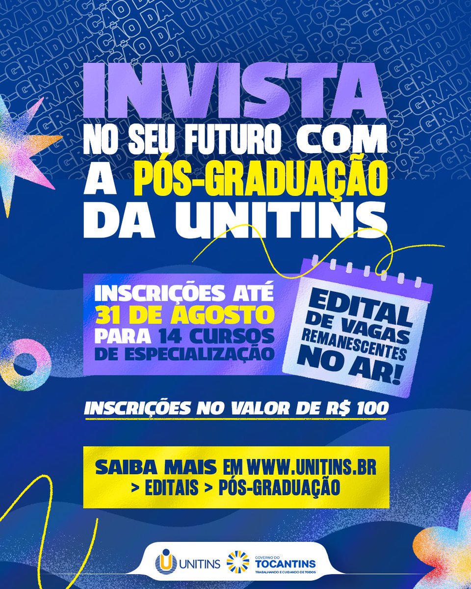 unitins's tweet photo. Ainda dá tempo de investir na sua qualificação profissional em 2026! 🤩😎

O edital de vagas remanescentes em fluxo contínuo para os cursos de Pós-graduação da Unitins está aberto! 

São ofertadas vagas em 14 cursos de Pós-Graduação e as inscrições vão até o dia 31 de agosto https://t.co/sBTDoq6o2f