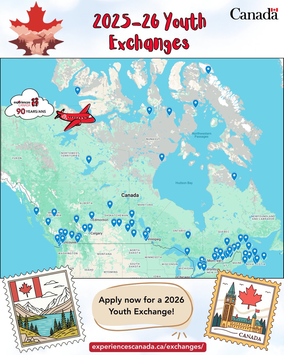 ExperiencesCAN's tweet photo. Applications for 2026-27 Youth Exchanges are OPEN! 🎒🇨🇦

Teachers, educators, and community leaders: apply now for funded travel across Canada for your youth. ✈️

💻 Learn more: https://t.co/dPW2f5agyY

🗺 Explore the 2025-26 exchange map: https://t.co/mQ6QdRprjk https://t.co/06u7y9OuDP
