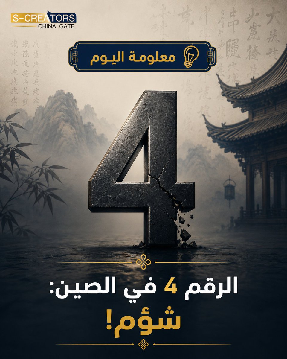 SC_ChinaGate's tweet photo. الرقم 4 في الصين؟
هذا الرقم عندهم شؤم! ليش؟ لأنه ينطق قريب من كلمة "موت".
لدرجة بعض المباني ما فيها دور رابع! معلومة غريبة صح؟

#معلومة_اليوم_عن_الصين #الصين #خرافات #ثقافة_صينية #أرقام #SolutionCreators #ChinaFactOfTheDay #UnluckyNumber #ChineseCulture #Superstition https://t.co/u9yp5b5nFt