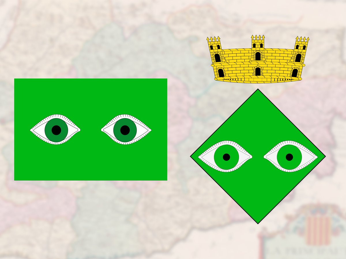 Yunacel's tweet photo. Flag and coat of arms of Sunyer, Spain, using the lozenge-shaped shield which is often traditionally used in Catalonian and Valencian civic arms https://t.co/mNB68BTuFU