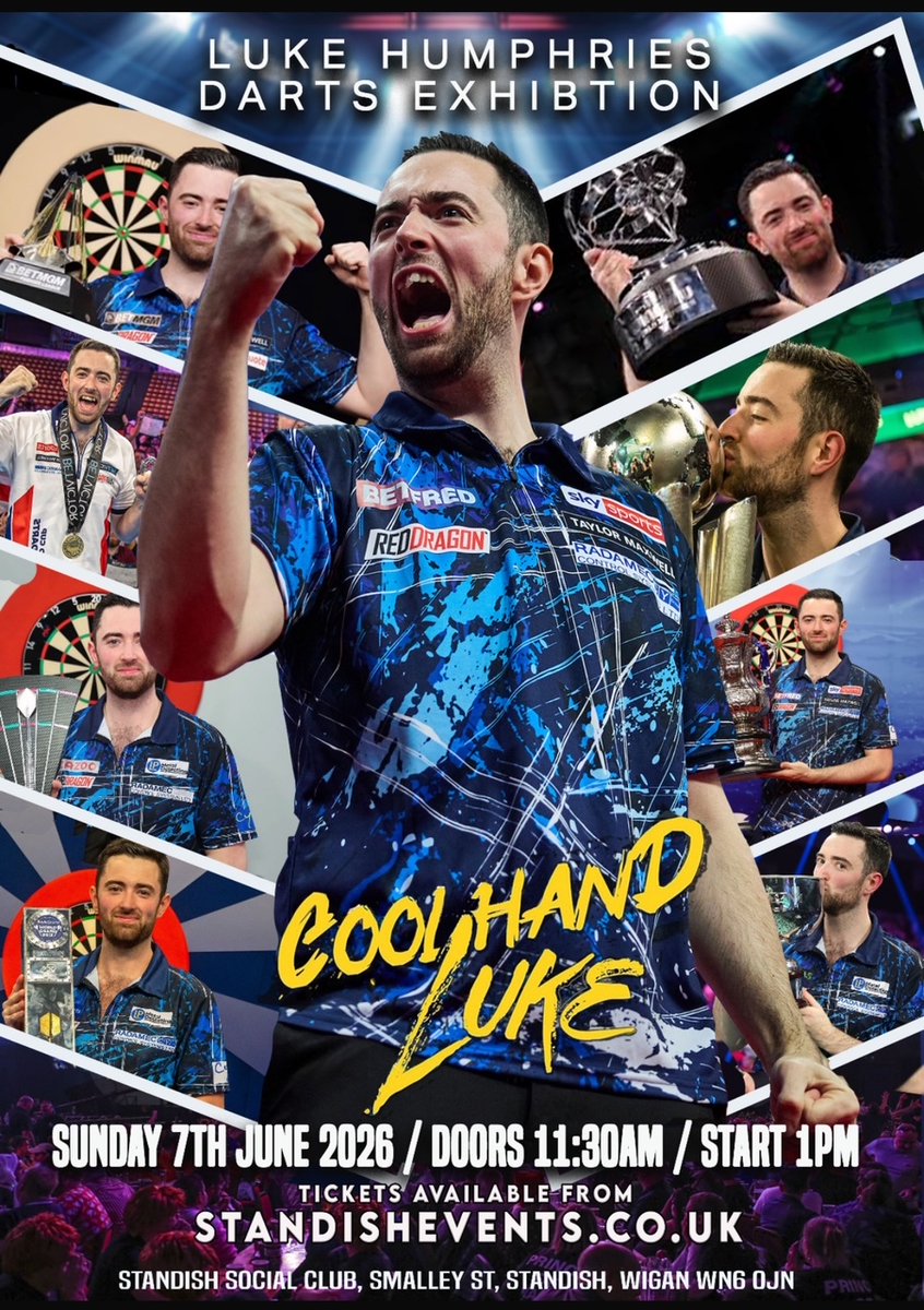 PaulBoothMC's tweet photo. Luke Humphries & @paulboothmc Come & meet the 2024 PDC World Darts Champion in Exhibition in Standish - Sunday 7th June at 1pm start - full details from https://t.co/9GRPJuHDC3 @lukeh180 @reddragondarts #lukehumphries #darts #standish @dartsexhibition https://t.co/G7mUNkAUs8