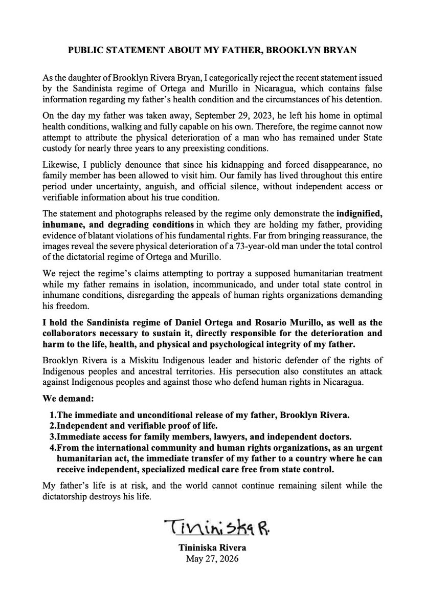 OLeonOfficial's tweet photo. @WHAAsstSecty No human being should be held in isolation, without independent medical access or contact with family, under degrading and inhumane conditions. The international community cannot remain indifferent.@BiancaJagger @IACHumanRights @CIDH @cnni @SecRubio @TininiskaR52277 @maradiaga https://t.co/YmxjOF8INj