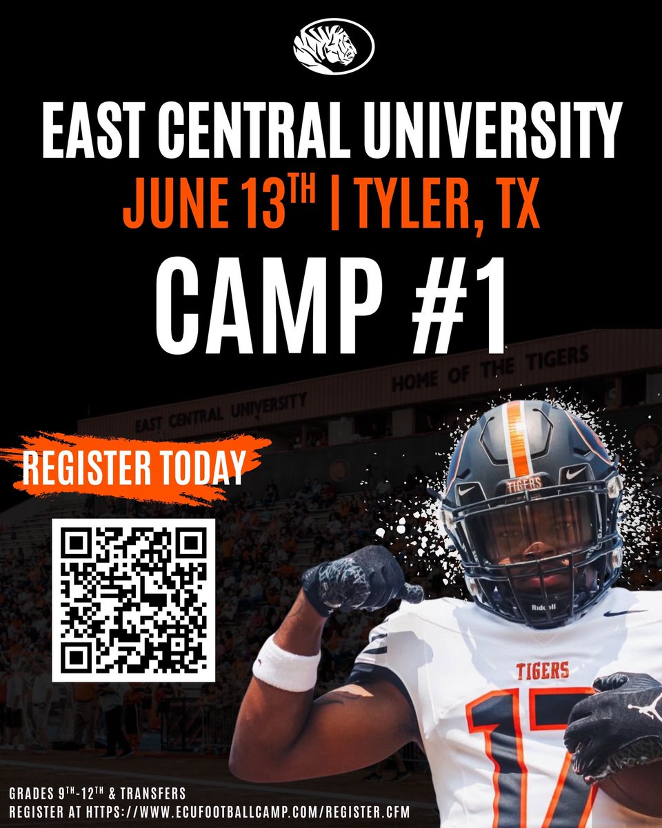 CoachMitch3ll's tweet photo. About 2 Weeks away from Camp #1 in Tyler, TX ‼️ @ECUTigersFB 

Sign-up and get coached/evaluated! 🐅

- In person evaluation
- Build connections 
- Add to tools your game
- Compete
- EARN a scholarship

Sign Up Link ⬇️⬇️⬇️

https://t.co/JSN9yzRWP6 https://t.co/z1szGXma9S