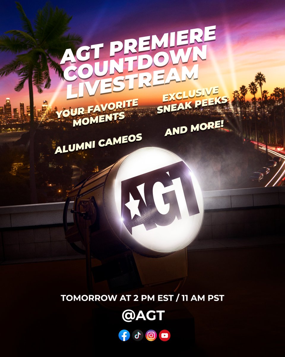AGT's tweet photo. Tomorrow's the big day! Don't forget to join the pre-premiere livestream TOMORROW at 2pm EST / 11am PST on AGT's Facebook, TikTok, Instagram, or Youtube. https://t.co/Ia7dhYt7pC