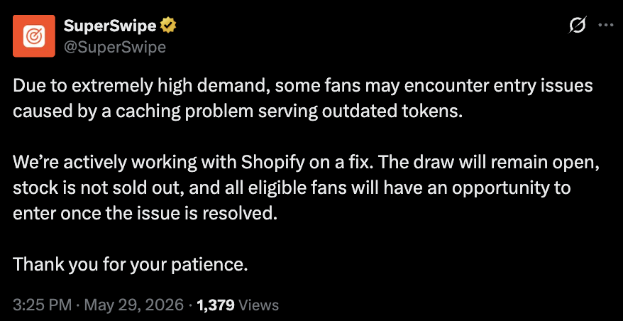 KicksFinder's tweet photo. Hey @tobi work with @SuperSwipe to fix your raffle system @Shopify https://t.co/HWWR9fTtB9