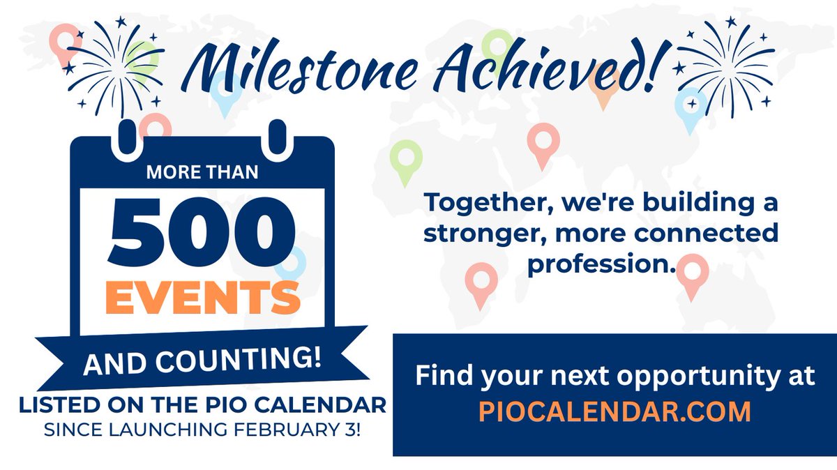 PIOCalendar's tweet photo. 🎉 Milestone Alert! The PIO Calendar has now listed 500+ events since launching on Feb. 3.

📚 Nearly 400 trainings
🎤 60+ conferences
💻 35+ webinars
🤝 5 networking events

https://t.co/i56uXjmi4D https://t.co/asKYhXnI5Z