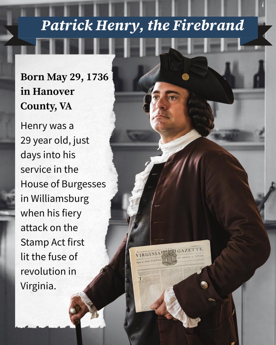 colonialwmsburg's tweet photo. “Distinctions between Virginians, Pennsylvanians, New Yorkers, and New Englanders, are no more. I am not a Virginian, but an American.”

A participant in virtually every aspect of the founding of America, Patrick Henry became the Revolution’s most renowned orator. https://t.co/AJGsLwbX9d