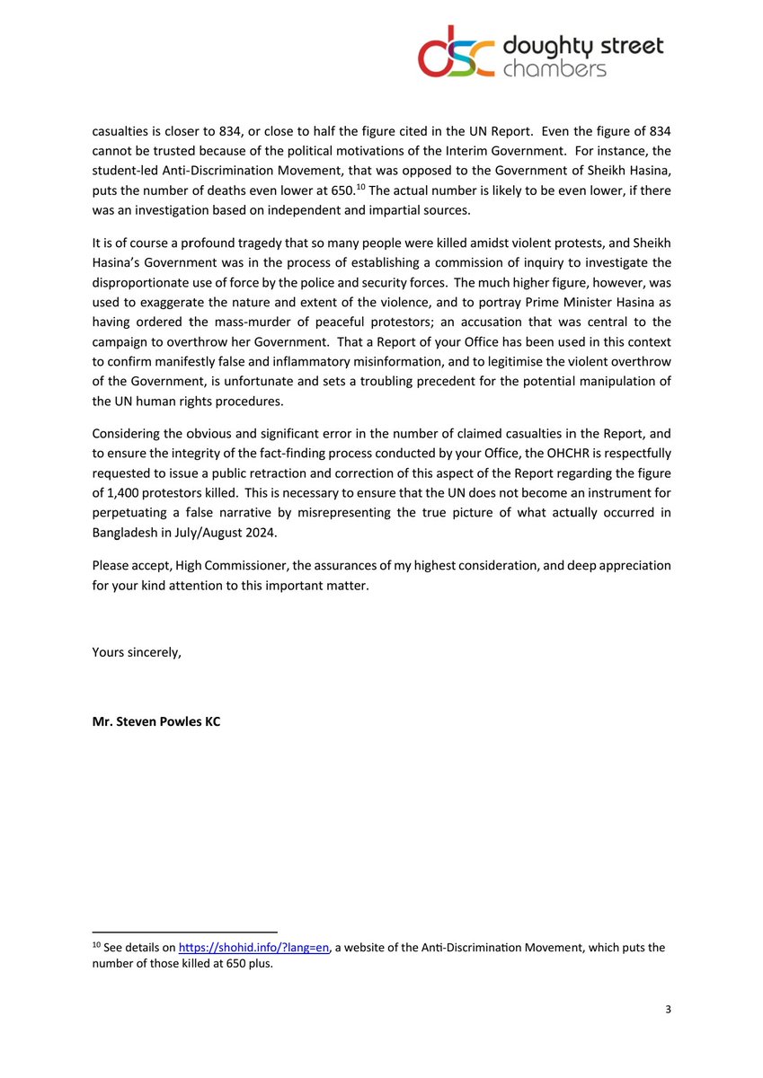 RisingBDAlert's tweet photo. 🇧🇩 Sheikh Hasina’s international lawyer "Mr. Steven Powles KC" has formally written to UN High Commissioner for Human Rights, Mr. Volker Türk, on 28 May 2026, demanding an "immediate retraction" of the UN’s controversial report.

The UN report (published 12 Feb 2025) claimed "up to 1,400 deaths" during the July-August 2024 protests.  

However, the Interim Government’s own "Official Gazette" (published 15 January 2025) officially lists only "834 martyrs". Even the Anti-Discrimination Movement’s own list shows around "650 deaths".

The letter highlights serious concerns over the UN report’s accuracy, impartiality, and possible influence by the Yunus-led Interim Government.

Demand for truth and public correction grows stronger! ✊

Full letter & Gazette now public.

#SheikhHasina #ALBD #Bangladesh #UNRetraction #StopPropaganda #JusticeForBangladesh #AwamiLeague
@amnestysasia @pen_int @HRF @DRL_AS @article19org @hrw @Irenekhan @Ginitastar @AFP @MujMash @anbarasanethi @AP @HannahEP @ReutersAsia @WSJ @TheDavidBergman @cnni @BBCWorld @dwnews @NPR  @ESandersFCDO @PearsonElaine @bbcwritersroom @StateDRL @FCDOHumanRights @EURightsAgency @kajakallas @State_SCA @EUinBangladesh @GwynLewis12 @UNHumanRights @volker_turk  @amnesty @AgnesCallard  @guardian @eu_eeas @HumanRightsCtte @SecRubio @MEAIndia @DrSJaishankar @DavidLammy @FCDOGovUK @GERonSouthAsia @fidh_en @UNinBangladesh @UKinBangladesh @usembassydhaka