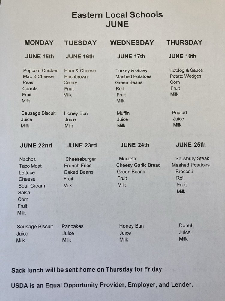 EasternLocalSD's tweet photo. Please join us June 1st through August 13th for our annual Summer Feeding Program. Meals can be picked up at door #22 or in the cafeteria from 11:00 - 1:00 (Monday through Thursday). Be sure to spread the word about this great program for students! https://t.co/4BtkZaXeKh