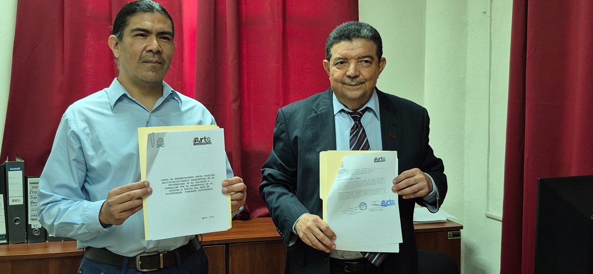 FundarteCojute's tweet photo. CONVENIO FUNDARTE COJUTEPEQUE - FMP UES 
Firmamos convenio entre la UES Paracentral y @FundarteCojute en el que ambas instituciones se comprometen a trabajar en conjunto con el fin de promover la cultura y el conocimiento por medio de las artes y la educación.
#UES #Cojutepeque https://t.co/6gVyAcc0Uj