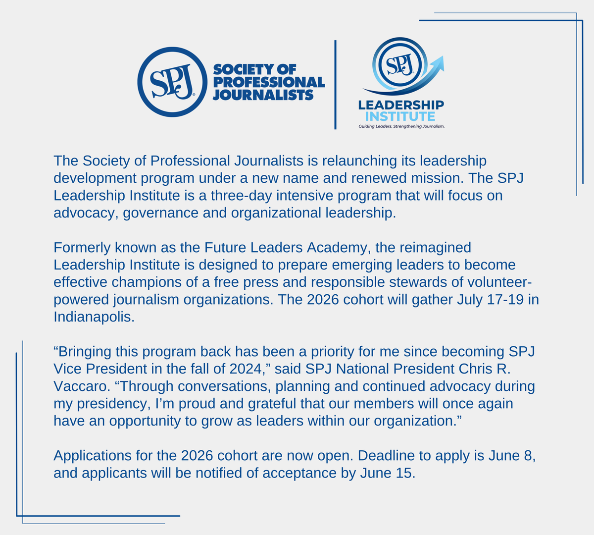 spj_tweets's tweet photo. 💪SPJ is relaunching its leadership development program with a new name and renewed mission. The three-day SPJ Leadership Institute will focus on advocacy, governance and organizational leadership.

🔗Candidates must be members of SPJ. Apply by June 8: https://t.co/RT8DABAN7T https://t.co/RyulcifoFV