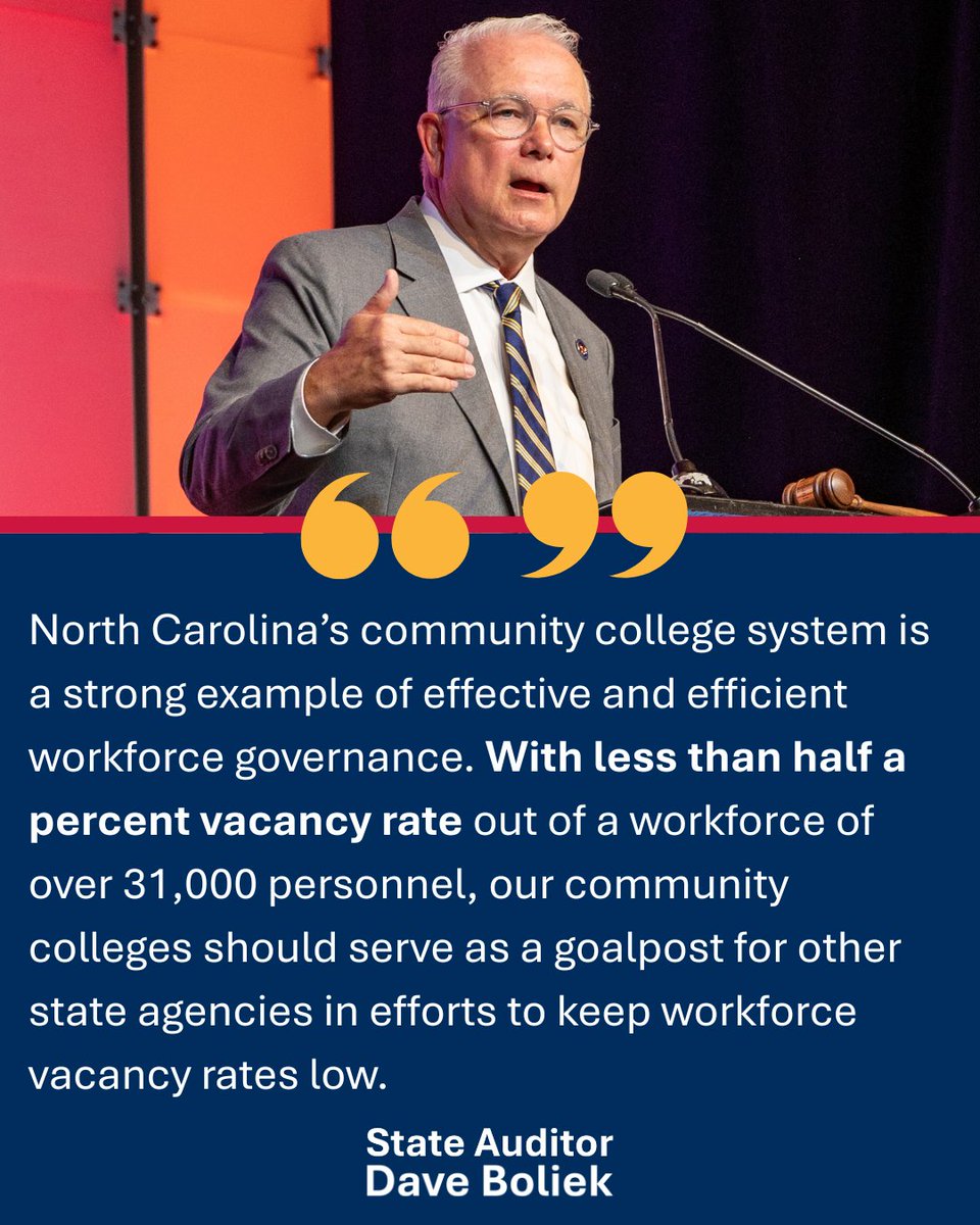 NCStateAuditor's tweet photo. According to a new DAVE report, North Carolina’s community colleges maintain less than a 0.5% long-term job vacancy rate across a workforce of more than 31,000 employees.

As State Auditor Dave Boliek notes, this approach could serve as a model for other state agencies working to keep vacancy rates low.

Read the full report (link in bio).