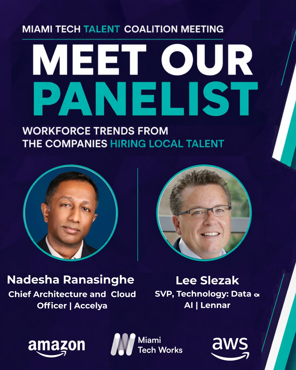 WorksMiami's tweet photo. What are South Florida employers hiring for?  

Hear it from: 🏗️ 
Nadesha Ranasinghe
Chief Architecture &amp; Cloud Officer @Accelya 

🏠 Lee Slezak
SVP Data &amp; AI @Lennar  

In-demand roles, must-have skills &amp; how AI is reshaping hiring.  

Spots limited  https://t.co/l7EgMquHsl https://t.co/ogAKxNneby