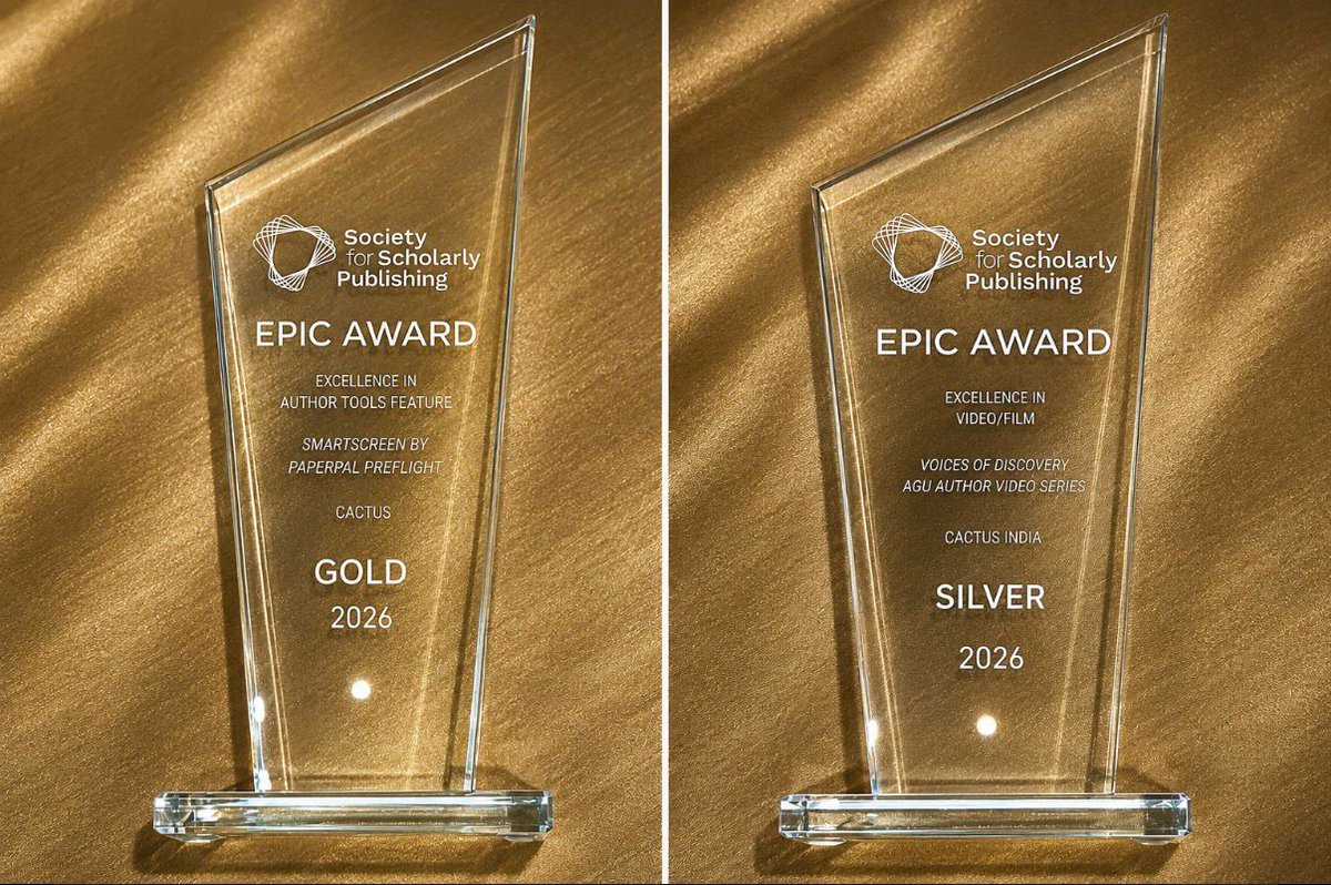 Cactusglobal's tweet photo. Safe to say the team did not keep it “6-7” after bringing home a Gold and a Silver at the EPIC Awards this year. 🏆

We’re delighted to share that CACTUS was recognized with:

🥇Gold for SmartScreen by Paperpal Preflight for our work with Wolters Kluwer, helping publishers and authors identify language, technical compliance and structural gaps before manuscripts enter peer review helping reduce avoidable delays and improve submission readiness from the start.

🥈 Silver for the AGU Author Video Series by CACTUS Digital Media Solutions for our work with AGU, recognized in the Voices of Discovery category for transforming complex scientific research into engaging, accessible, story-driven video content designed to help research connect with wider audiences.

These recognitions represent months of collaboration, problem-solving, reviews, revisions and creative thinking from teams that genuinely care about improving publishing workflows and helping research more accessible, engaging and impactful.

Very proud of the teams behind both these wins. 

P.S. For everyone about to Google what “6-7” means: it basically just means acting chill and unbothered… which the team obviously couldn’t do after the wins.🤪

#EPICAwards #SSP2026 #ScholarlyPublishing #ScienceCommunication #AcademicPublishing #ResearchCommunication