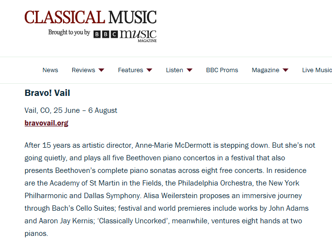 BravoVail's tweet photo. 🎶 We've been named one of the 25 best classical music festivals in the USA and Canada for 2026 by BBC Classical Music — and we're absolutely honored!

#BravoVail #ClassicalMusic #BBCMusic #Vail #SummerFestival #LiveMusic #Colorado https://t.co/fks0aQ27dI