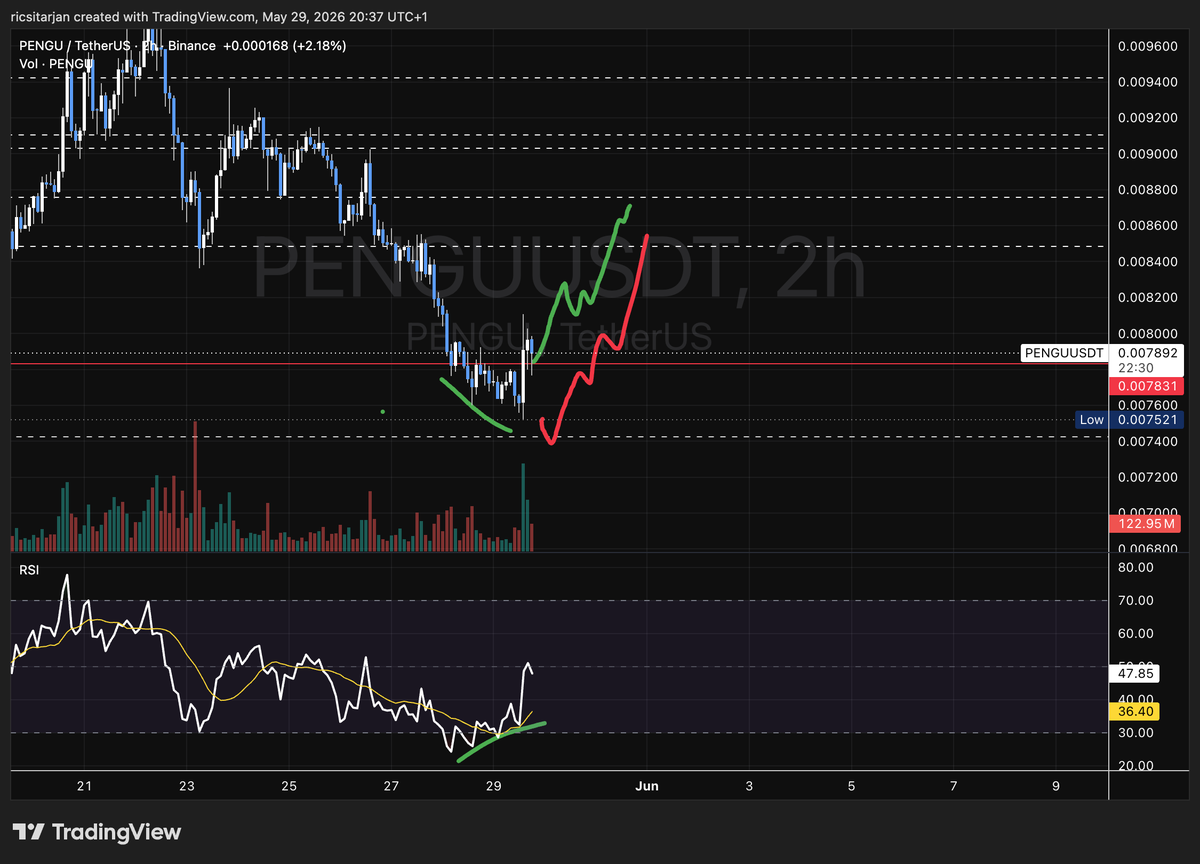 ricsitarjan's tweet photo. Daily $PENGU report #381
Looking good today. I think that this can be the bottom for pengu. The red scenario is only likely to happen if we get weekend manipulation on BTC. Also we have bullish divergence on the RSI so pengu is ready for higher. Load your bags.
PENGU LEADS🐧 https://t.co/Nh3uB9PXfC