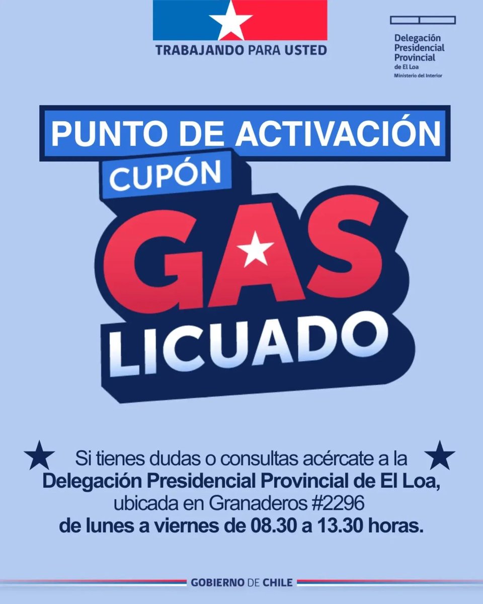 dpploa's tweet photo. Si tienes dudas o necesitas ayuda acércate a la Delegación Presidencial Provincial de El Loa para que te asesoren en la activación del Cupón de Gas. https://t.co/1P0WKkGyvx