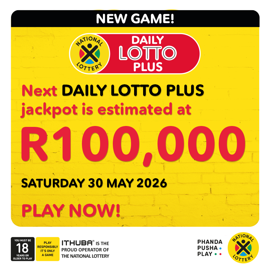 ITHUBA_'s tweet photo. Next DAILY LOTTO PLUS jackpot is estimated at R100,000! 

PLAY NOW https://t.co/f05wi7nYSr or on the Mobile App.

Players must be 18 years or older, play responsibly. ITHUBA is the proud operator of the National Lottery. https://t.co/nhfAhoc79b