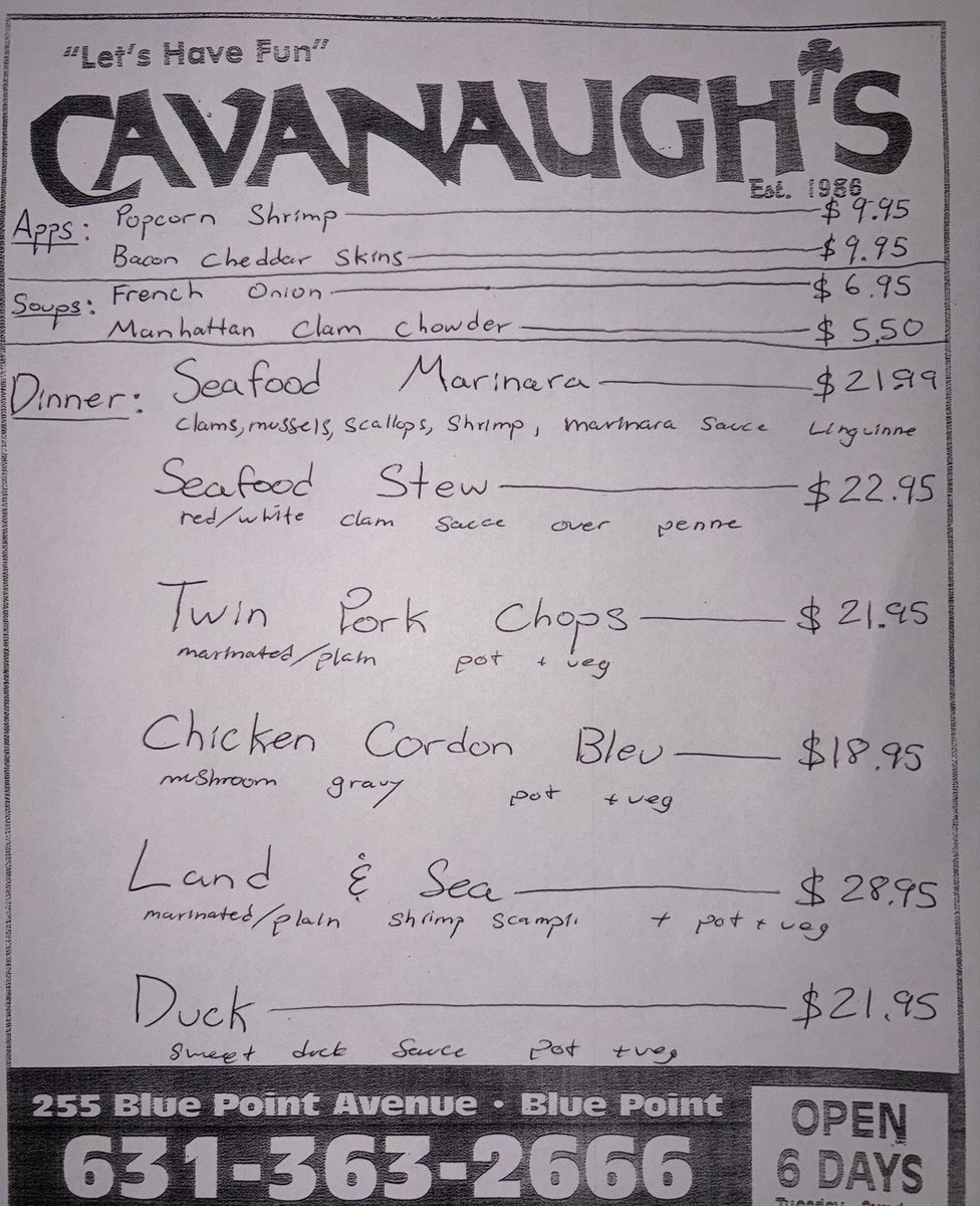 CavanaughsPub's tweet photo. Friday Night Dinner Specials, Kitchen Serving Till 9:30pm. Bar Open Late Night. #BluePoint #Bayport #Cavanaughs #OTB https://t.co/IIbYYa1Vg6
