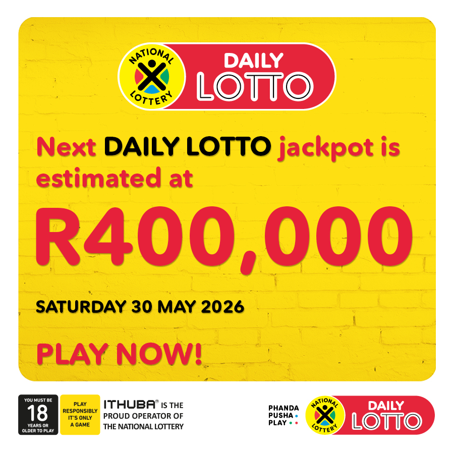 ITHUBA_'s tweet photo. Next DAILY LOTTO jackpot is estimated at R400,000! 

PLAY NOW https://t.co/f05wi7nYSr or on the Mobile App.

Players must be 18 years or older, play responsibly. ITHUBA is the proud operator of the National Lottery. https://t.co/X3eo6zQP05