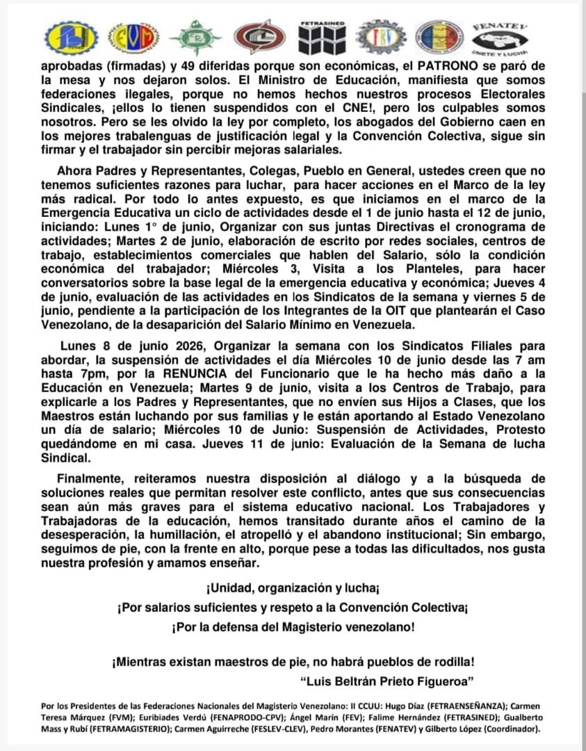 ReporteYa's tweet photo. #29May #Venezuela #Educación #Magisterio
Federaciones y sindicatos del magisterio venezolano convocaron una jornada de protesta para el #10Jun bajo la consigna “Trabajador protesta, quédate en tu casa”. La acción exige mejoras salariales y el cumplimiento de la contratación colectiva.