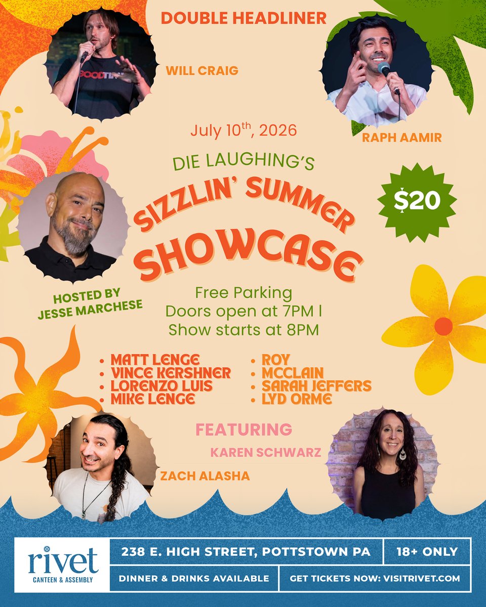 visitrivet's tweet photo. Enjoy a summer night full of comedy in Pottstown at Rivet on Friday, July 10th, featuring Will Craig, Zach Alasha, and Karen Schwarz! Presented by Die Laughing, a wonderful nonprofit raising funds for the Penn Medicine Lung Transplant Program.

🎟️ Tickets: https://t.co/UqO6nnwdvd https://t.co/yCASesvnFk