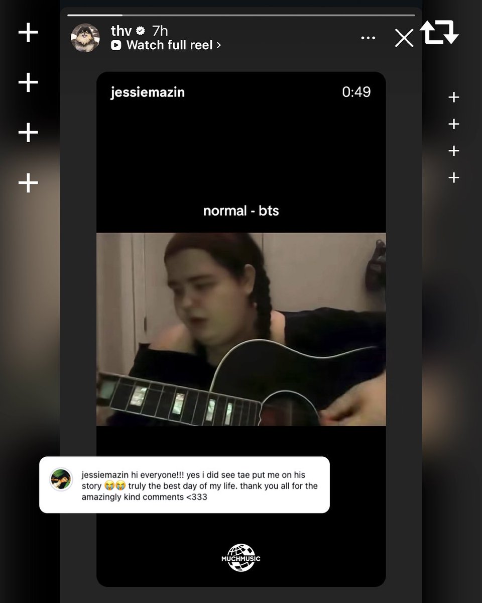 Much's tweet photo. Singer-songwriter Jessie Mazin got the co-sign from a member of BTS, after she posted a cover singing the group’s song, “NORMAL”. 

“…yes i did see tae put me on his story 😭😭 truly the best day of my life. thank you all for the amazingly kind comments <333”

[Source: thv/IG Story, jessiemazin/IG] 
#BTS