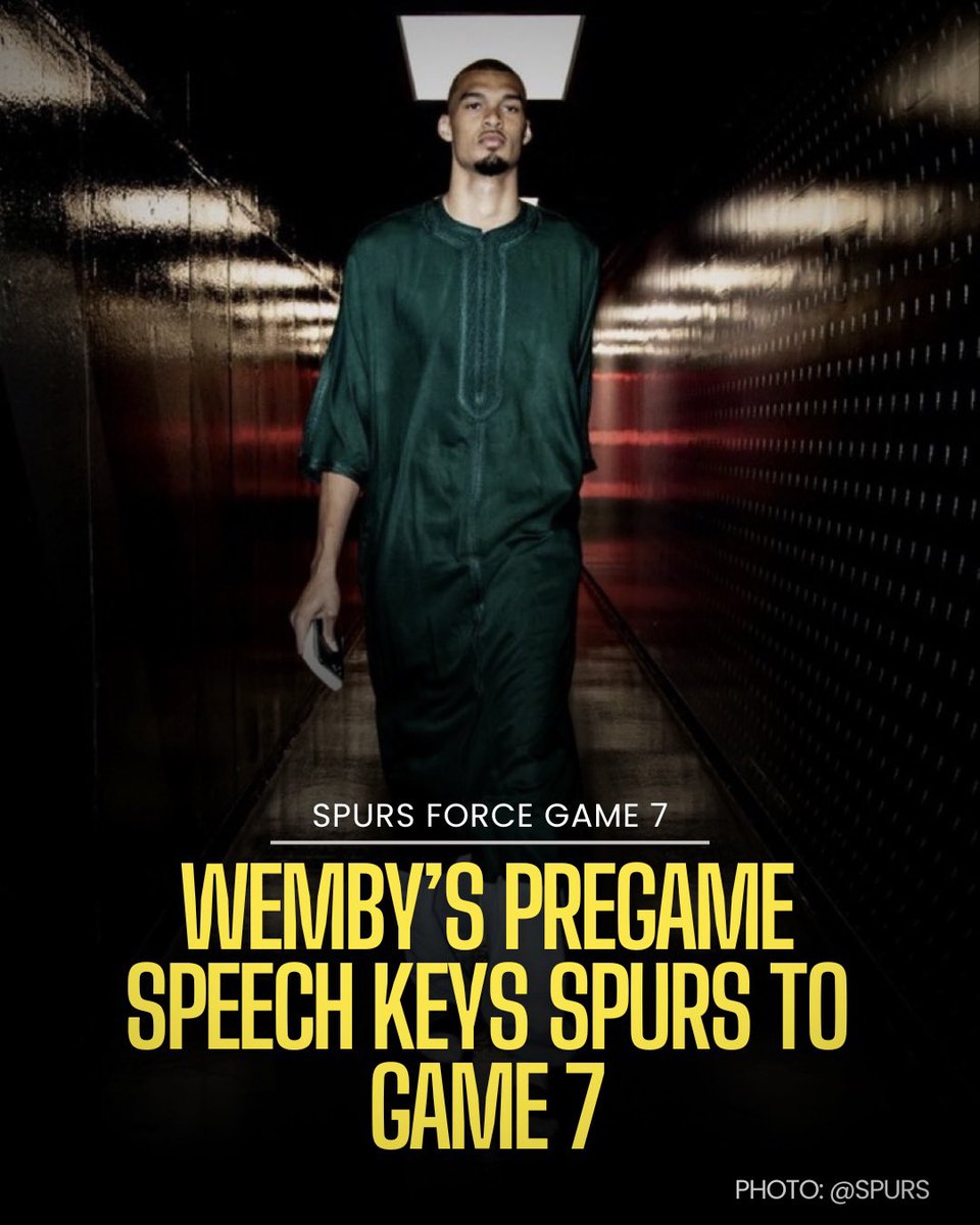 JaredWeissNBA's tweet photo. NEW story:

Before Game 6, Victor Wembanyama gathered his team on the court and gave them a passionate speech about no longer having "life after." They had to leave it all out on the floor, because all that was waiting for them on the other side was the afterlife of a season full of promise.

Then he went out there and made it clear the Spurs season would not be ending on this night.

Read below on @TheAthletic 👇