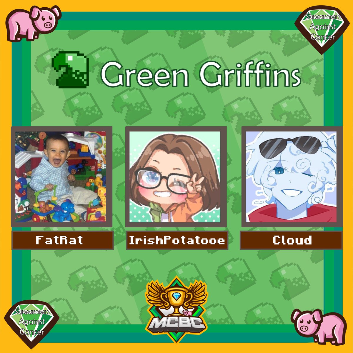 Streams4Sarcoma's tweet photo. Announcing #StreamersAgainstCancer x @MCBCEvent Team: The Green Griffins! 

@fatratlive @IrishPotatooe @C10WD 

Watch them play on Sunday June 7th at 3pm EST / 8pm BST! https://t.co/h1JU0JCY1S