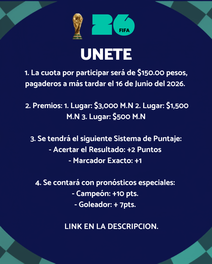 AndreMagallane8's tweet photo. ⚽🏆 ¡QUINIELA DEL MUNDIAL! 🏆⚽

¿Crees que sabes de fútbol? Es momento de demostrarlo 🔥

💰 PREMIOS:
🥇 1er lugar: $3,000 Mxn
🥈 2do lugar: $1,500 Mxn
🥉 3er lugar: $500 Mxn

🎟️ Entrada: $150 Mxn

Únete aquí: https://t.co/T8uzwNhRCV

⏳ Cierra antes de que empiece el Mundial https://t.co/gohF2EsU77