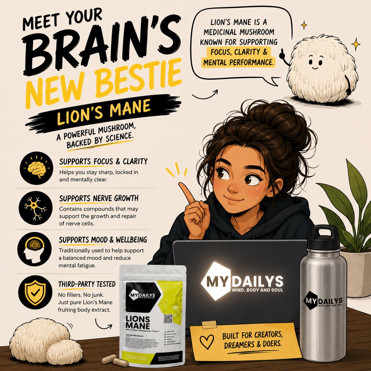 mydailyshealth's tweet photo. 🧠 Ever feel like your brain has 100 tabs open at once?

Brain fog, mental fatigue and constant distractions have become normal for so many people.

Lion's Mane is one of the most talked about mushrooms in wellness for a reason. 🍄

Our high-potency Lion's Mane Fruiting Body Extract is designed to support focus, clarity and mental performance as part of a healthy daily routine.

✅ No fillers or binders
✅ Third-party tested
✅ Fruiting body extract
✅ Built for creators, dreamers & doers

Small daily habits. Big changes. 💛

👇 Click the basket below and grab up to 50% off while the flash sale is live.

#lionsmanemushroom #BrainFog #procrastinationtips #mentalclarity
#nootropicsupplements