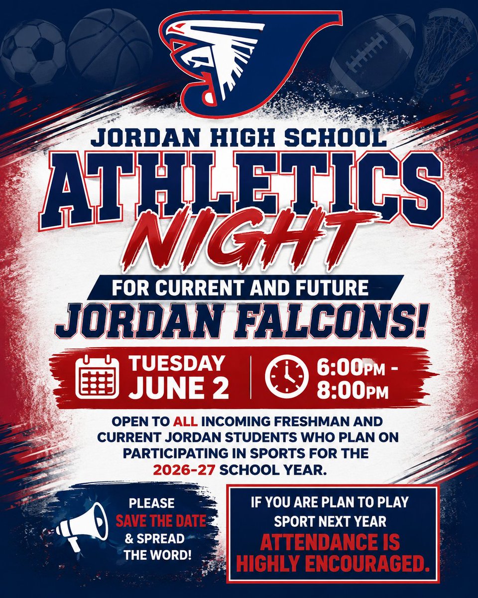 JordanFalconsFB's tweet photo. Get ready, @JordanFalcons is  hosting our Athletics Night on Tuesday , June 2, 2026 at 6:00pm. This is your chance to meet and learn about Jordan Athletics, hear from the @jordanhsbooster , and get all the details for the upcoming 2026-27 Athletics. https://t.co/KBeL8W8fMg