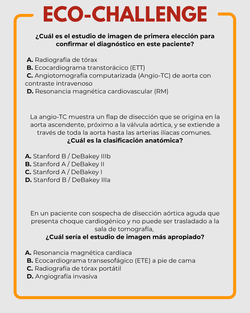 SONECOM_AC's tweet photo. 🧠🫀 #EcoChallenge
62 años con HAS + dolor torácico desgarrante irradiado a espalda.
❓¿Primer estudio de elección?
❓¿Clasificación de la disección?
❓¿Mejor estudio en choque sin acceso a TC?
💬 ¿Tus respuestas?
#SONECOM #DisecciónAórtica #Ecocardiografía https://t.co/JB4c0tYw7M