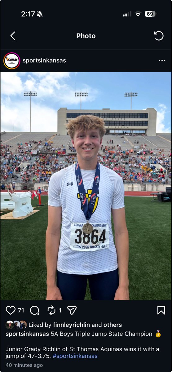 PoPCardinals's tweet photo. Congratulations to PoP Alum and St. Thomas Aquinas Junior Grady Richlin the 5A State Champion in the Triple Jump!!!  Won the title on his last jump with a jump of 47’3.75”!  Great job Grady! https://t.co/D67lNgNJqy
