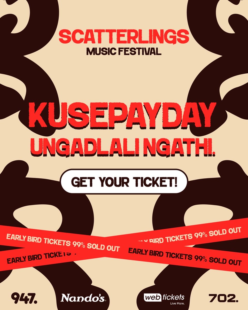 scatterlings_za's tweet photo. Payday has entered the chat. 👀
And honestly? You know what to do.

Early Bird tickets are 99% sold out, so this is not the weekend to say “I’ll get it later.”

🗓 1 August 2026
📍 Huddle Park, JHB 
🎟 Early Bird ends 31 May – https://t.co/wzLZN2WhMc

#ScatterlingsMusicFestival https://t.co/kom2tVcXR3