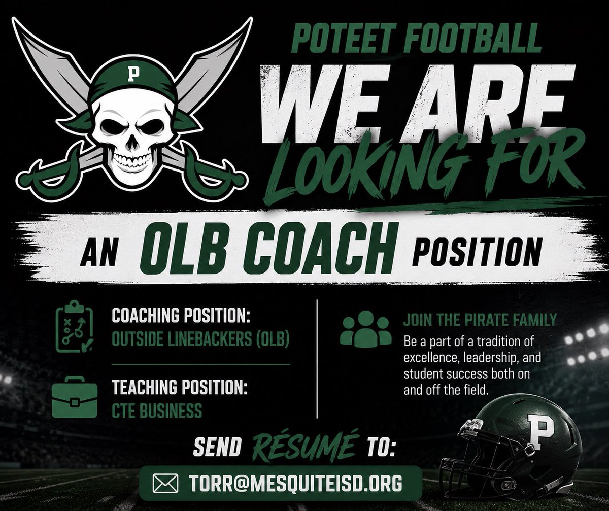 PoteetFB's tweet photo. 🚨 NOW HIRING 🚨

Poteet Football is seeking an Outside Linebackers Coach.

📚 Teaching Field: CTE Business
🏴‍☠️ Great opportunity to impact student-athletes on and off the field.

📧 torr@mesquiteisd.org

#DeepWaters #TXHSFB

@Matt_Stepp817 https://t.co/dSbW8nhUZR