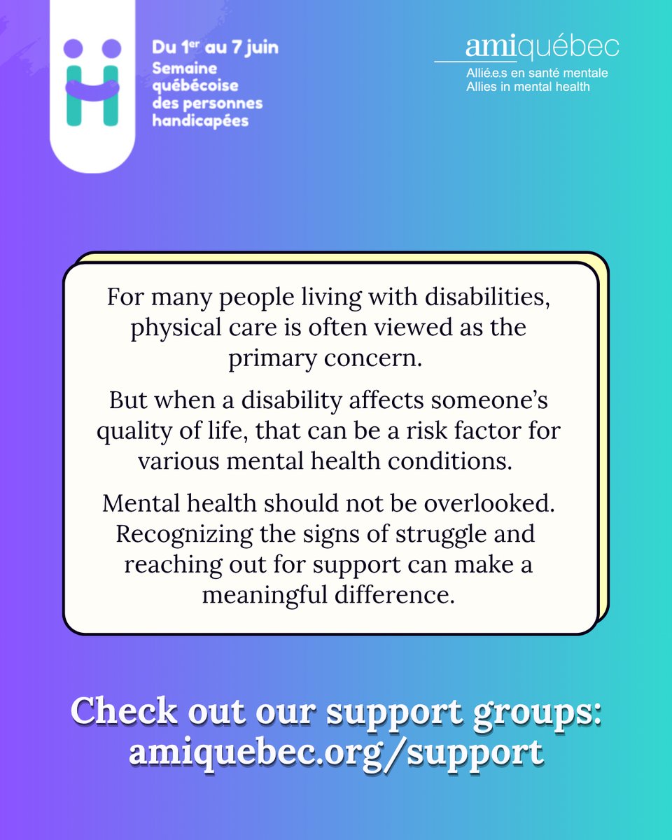 AMIQuebec's tweet photo. June 1st marks the start of the Semaine Québecoise des personnes handicapées. Did you know that AMI has accessibility measures in place so that our programs and services are available to more people? Read about them here: https://t.co/kRVaEhzvuU https://t.co/fZsSbahp8u