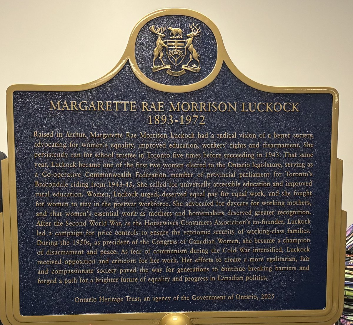 TwpWellNorth's tweet photo. A new Ontario Heritage Trust plaque in Arthur now honours Rae Luckock — one of the first women elected to Ontario’s provincial parliament in 1943 and a lifelong advocate for equality and social reform. The entire media release can be read here: https://t.co/uWExIOQJ2f https://t.co/e7ihlNPDdY