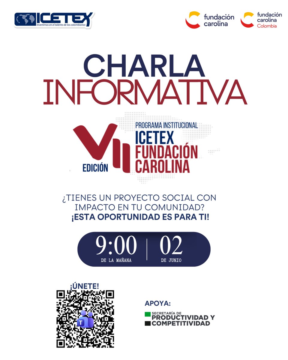 RedCarolinaCol's tweet photo. ¿Buscando el impulso que tu iniciativa comunitaria necesita? 🚀 @ICETEX y la @Red_Carolina te invitan a una sesión virtual de Teams el 2 de junio a las 09:00 en alianza con la @gobputumayo.

Descubre cómo postularte a esta VII edición. ¡Agéndate!

https://t.co/LJYNEQoo8R https://t.co/0MKFJtz4XE