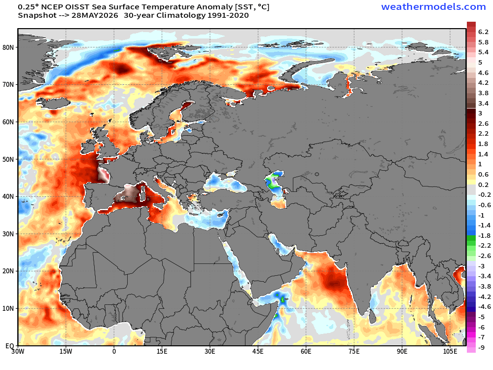 TheGlobalWarmer's tweet photo. Europe’s heat ridge is now spilling into the sea.

Coastal waters of the Atlantic and Mediterranean are locally running more than 6°C above climatological normals, raising fears of another damaging marine heatwave event.

The ocean is loading the dice. 🔥🌊 https://t.co/bqy3lNKDLK