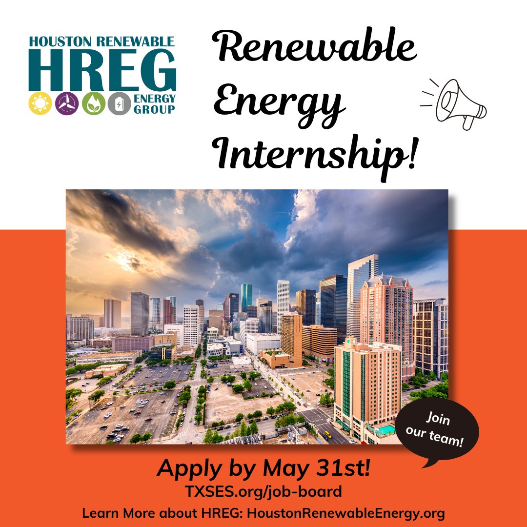 TXSES's tweet photo. Apply by this Sunday!🚨#TXSES chapter Houston Renewable Energy Group has a paid part-time internship open!☀️Interested college students &amp; high-achieving, rising high school seniors are invited to apply by May 31st. 
🔗Link in Comments

#SolarEnergy #HREG #HoustonInternships https://t.co/68V7KKvNfZ